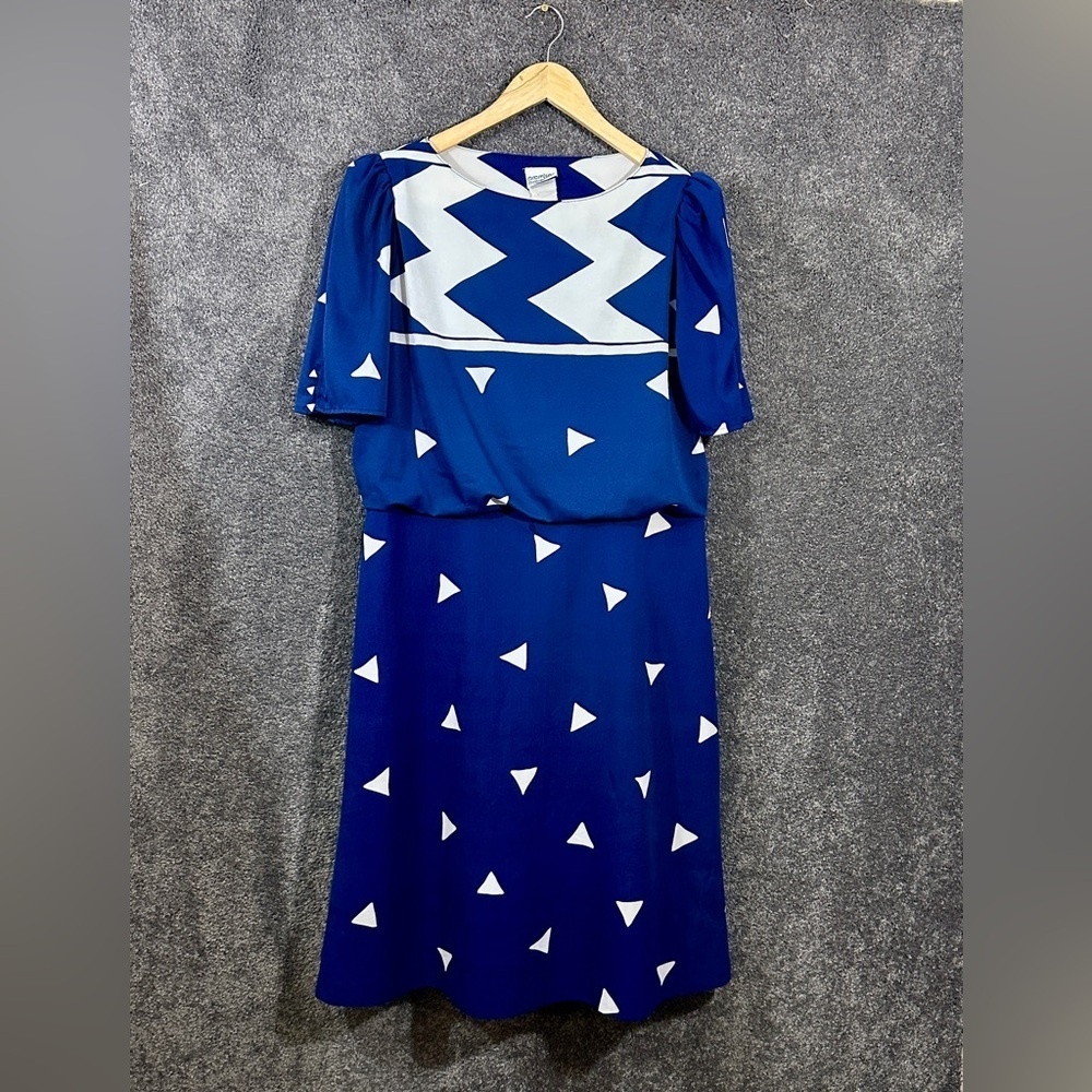 Vintage 80s Promises Promises Blue Geometric Midi Dress M/L USA